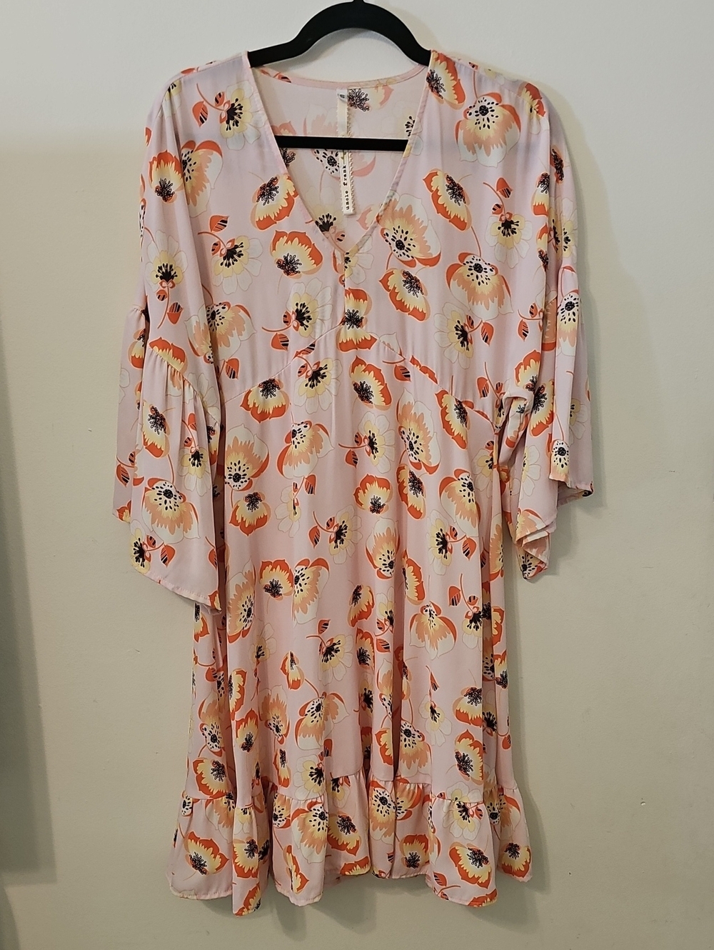 Uncle Frank Pink Floral V-Neck Mini Dress with Orange Accents